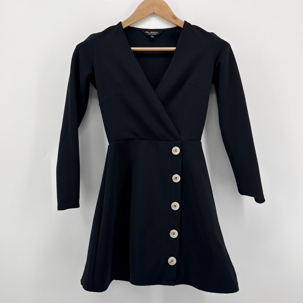 Miss Selfridge Black Ribbed Wrap Front Skater Mini Dress Long Sleeve Size 0